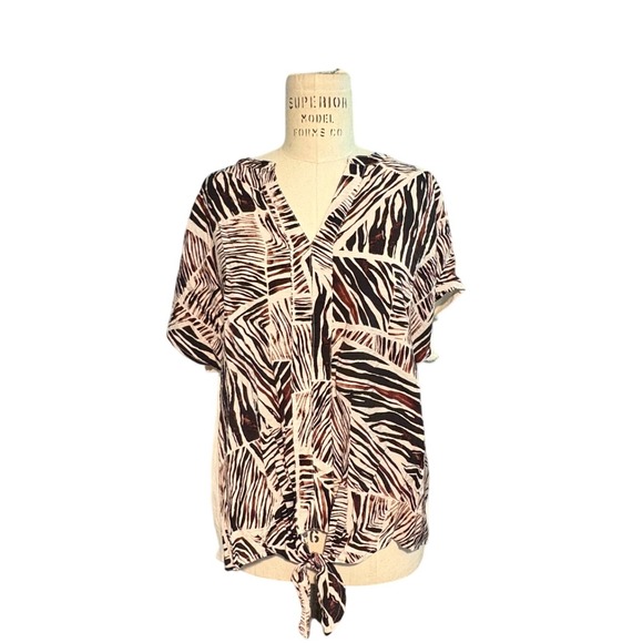 Chenault Tops - Chenault Womens Abstract Animal Print Tie Front V-Neck Top Brown Cream Large